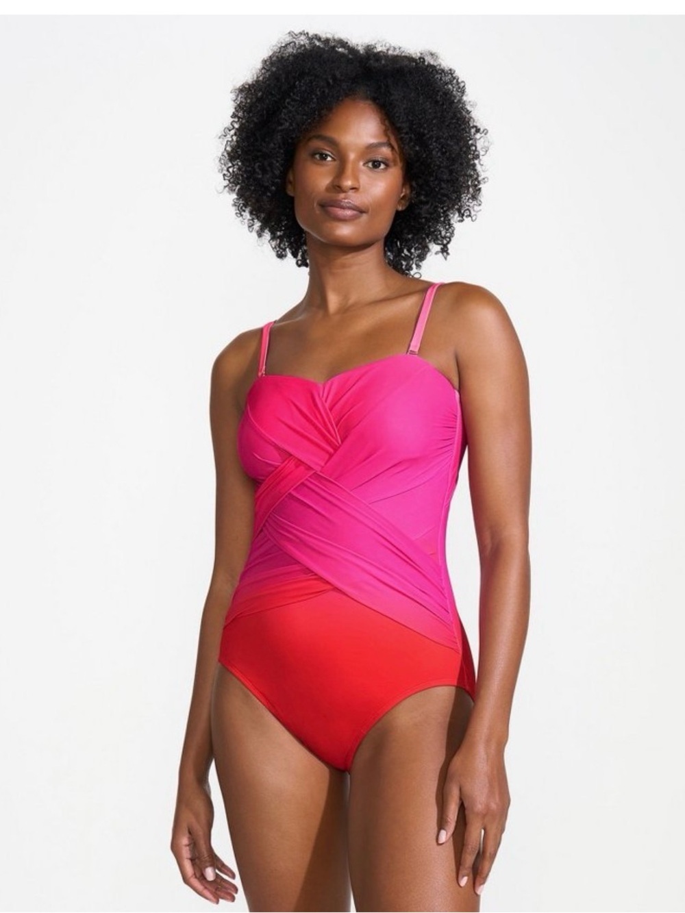 NWT Lands' End SlenderSuit Wrap Bandeau One Piece Swimsuit Pink Size 16